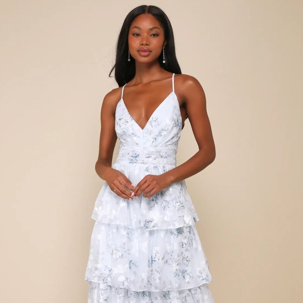 Lulu's Deeply Delightful Light Blue Floral Tiered Lace-Up Midi Dress